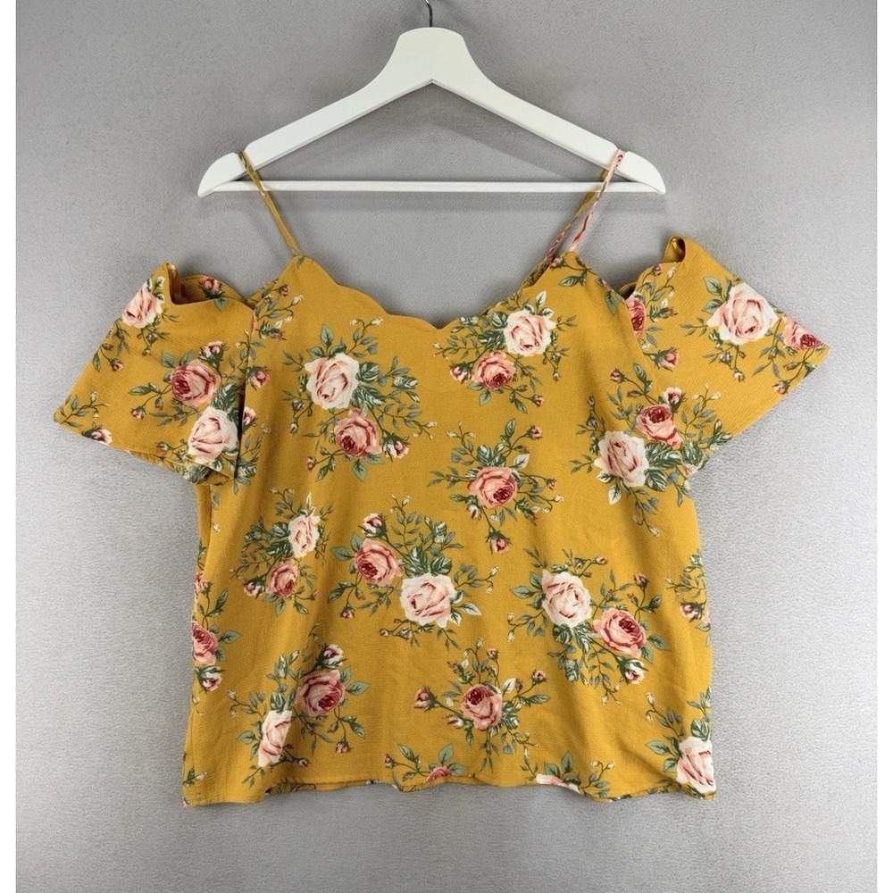 Monteau Women's Sz XL Mustard Yellow Floral‎ Print Cold Shoulder Blouse Top - Picture 2 of 8